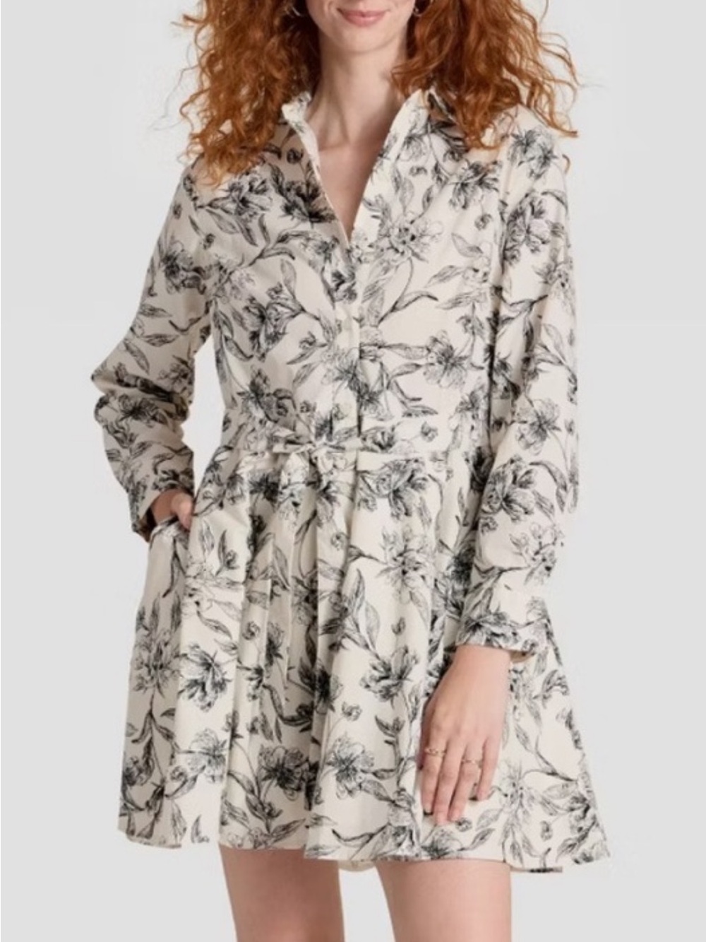 a new day Cream Floral Tie-Waist Shirt Dress - Black Print